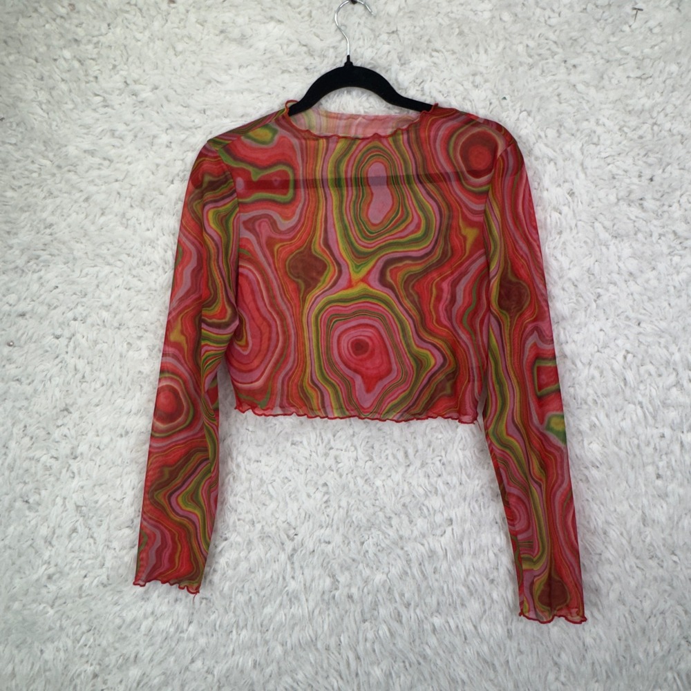 Shein Mesh Crop Top Womens XL Red Psychedelic Swirl Sheer Long Sleeve Rave Y2K